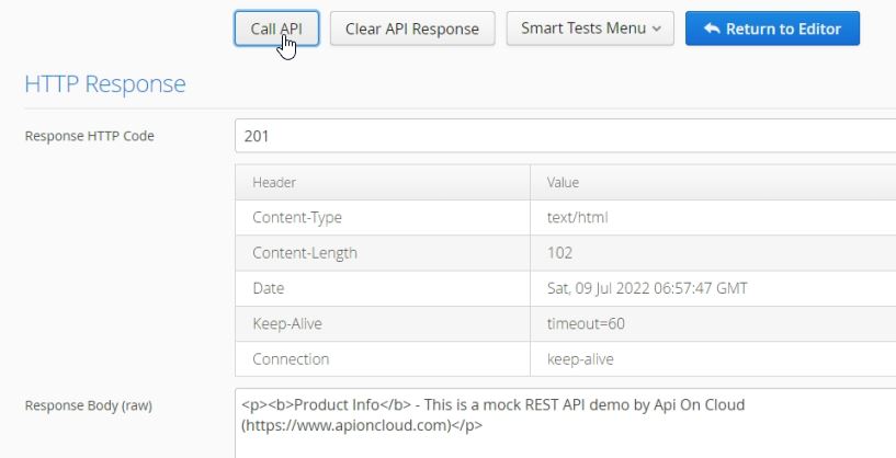 Calling the mock API by pressing the Call API button in testing mode