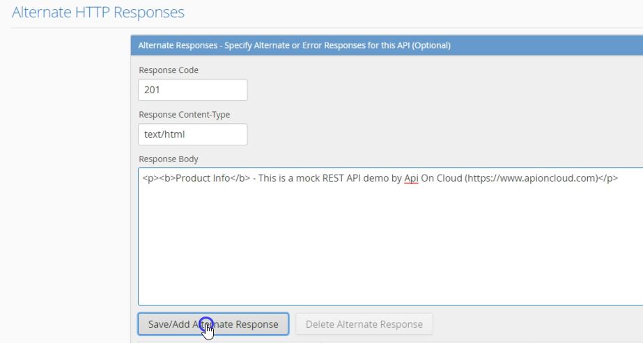 Save the additional mock API response after entering response status code, content-type and response body