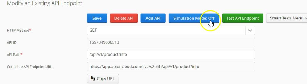 Pressing the simulation button to enable API simulation mode