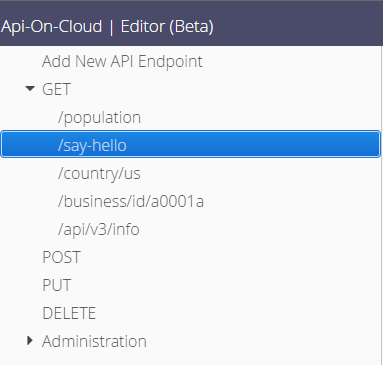 Side navigation panel showing list of mock API endpoints in the API editor